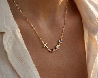 14k Gold Birthstone Cross Necklace: Personalized Family Necklace for Mom and Grandma