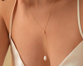 Pearl Lariat Necklace with CZ Stone: Tiny Pearl Y Necklace, Wedding Jewelry, Bridesmaid Gift, Dainty Pearl Drop Necklace