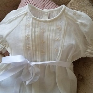 Baby girl Christening/Baptismal gown handmade on off white semi shear linen and and hand embroidered with darker thread with bloomers boonet
