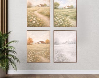 Japandi Väggkonstset med årstider i bondgård, minimalistiska landskapstryck (digital nedladdning)