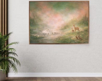 Nyckfulla skogsdjur konsttryck, skogslandskap, svanar rådjur kaniner (digital nedladdning)