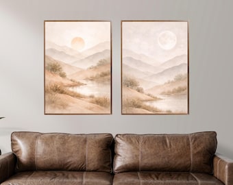 Japandi Sol Måne Berg Väggkonst Set, Minimalistiska Landskapstryck (Digital Nedladdning)
