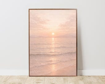 Japandi Solnedgång Havsväggkonst, Minimalistisk Strandposter, Neutral Kustdekor (Digital Nedladdning)