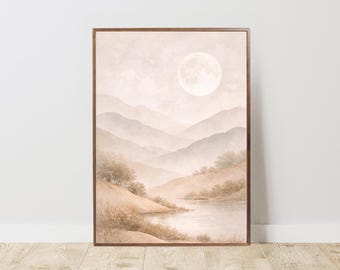 Japandi Månen Berg Väggkonst, Minimalistisk Landskapsaffisch, Skandinavisk Zen Natur Tryck (Digital Nedladdning)