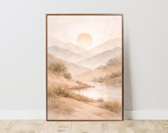 Japandi Bergslandskapskonst, Minimalistisk Neutral Solposter (Digital Nedladdning)