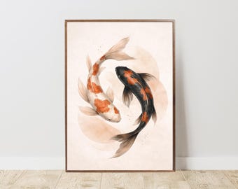 Väggkonst med koifisk i Japan, minimalistisk japansk zendekor (digital nedladdning)