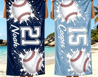 Toalla de playa personalizada para equipo de béisbol, toalla de piscina con nombre y número personalizados, ideal para viajes de equipos de béisbol y para amantes del béisbol. Secado rápido. 30x60