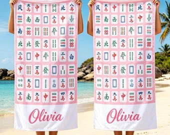 Toalla de playa rosa con diseño de Mahjong, detalle personalizado para fiestas en la piscina, regalo para amantes del Mahjong.