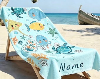 Toalla de playa personalizada con nombre infantil, toalla de piscina personalizada con animales de dibujos animados, toalla de playa con ballena y tortuga, regalo de cumpleaños para niños, regalos para las vacaciones de verano.
