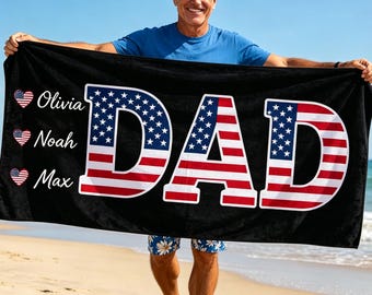 Toalla de playa personalizada para papá, regalo personalizado para el Día del Padre, toalla con la bandera de EE. UU., regalos para papá/abuelo, regalo de los niños, decoración para el 4 de julio.