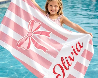 Toalla de piscina personalizada con lazo, toalla de baño sencilla a rayas con nombre personalizado, toalla de playa de secado rápido para vacaciones de verano, regalo personalizado para niñas.