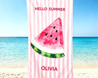 Serviette de plage pastèque personnalisée, serviette de piscine à rayures avec nom personnalisé, cadeau vacances d'été, cadeaux d'anniversaire