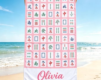 Toalla de playa Mahjong, toalla de piscina con estampado de fichas de Mahjong rosa, recuerdos para fiestas en la playa, regalo personalizado para amantes del Mahjong.