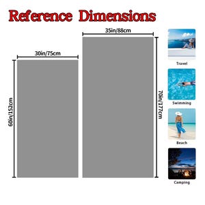 May include: A diagram titled Reference Dimensions showing two grey rectangular towels. One measures 75 cm by 152 cm, and the other measures 88 cm by 177 cm. Four small square images depict travel, swimming, beach, and camping scenes.