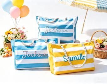 Bolso de playa de lona a rayas personalizado, bolso de piscina de verano con nombre personalizado, bolsos de vacaciones para mujer