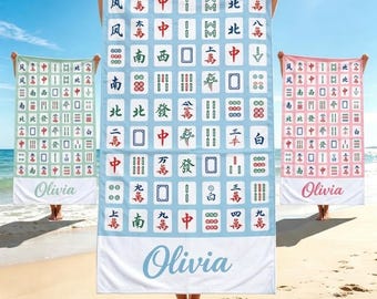 Personalized Mahjong Beach Towel, Custom Name Pool Towel, Summer Vacation Towel, Personalized Mahjong Gifts