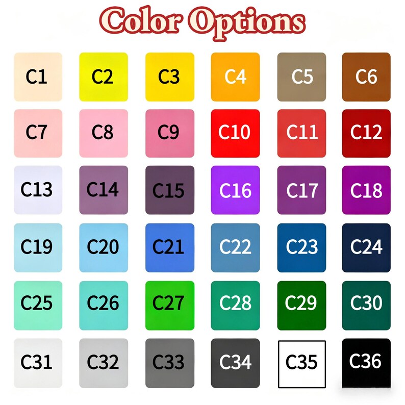 May include: A color chart titled Color Options featuring a grid of thirty-six square swatches labeled C1 through C36. The swatches display a wide spectrum of colors including shades of yellow, orange, red, pink, purple, blue, green, gray, white, and black.