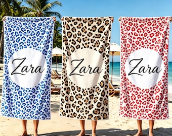 Serviette de plage personnalisée léopard, serviette de piscine avec nom, cadeau EVJF, serviette de plage surdimensionnée 35 x 70, vacances d'été pour filles voyage 2026