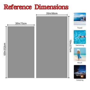 May include: Image showing dimensions of two gray rectangles: 30in x 60in and 35in x 70in. Text reads "Reference Dimensions". Small images depict travel, swimming, beach, and camping.