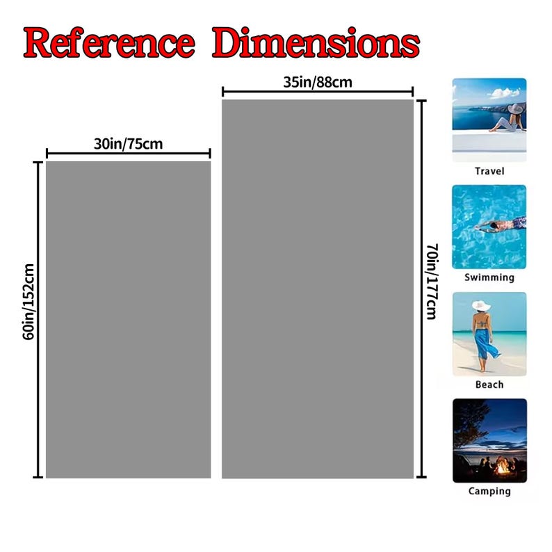 May include: Image showing dimensions of two gray rectangles: 30in x 60in and 35in x 70in. Text reads "Reference Dimensions". Small images depict travel, swimming, beach, and camping.