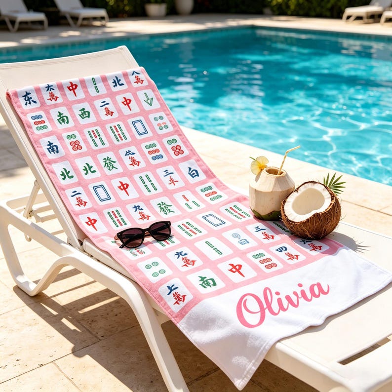 May include: A pink and white beach towel with a Mahjong tile pattern and the name "Olivia" in pink script. The towel is draped over a white lounge chair next to a pool. Black sunglasses rest on the towel.