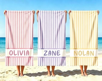 Toalla de playa a rayas personalizada, toalla de piscina con nombre personalizado, toalla para club de natación, regalos para despedidas de soltera, regalo para vacaciones de verano para niños y niñas.