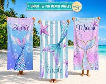 Personalized Mermaid Tail Beach Towel,Custom Name Kids Pool Towel,Under the Sea Birthday Gift,Mermaid Party Favor,Summer Beach Towel