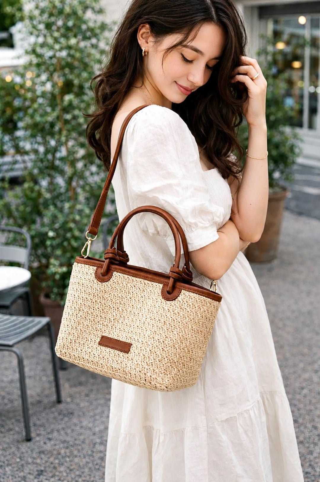 Woven Straw Tote Bag, Brown Leather Handles, Boho Summer Shoulder ...