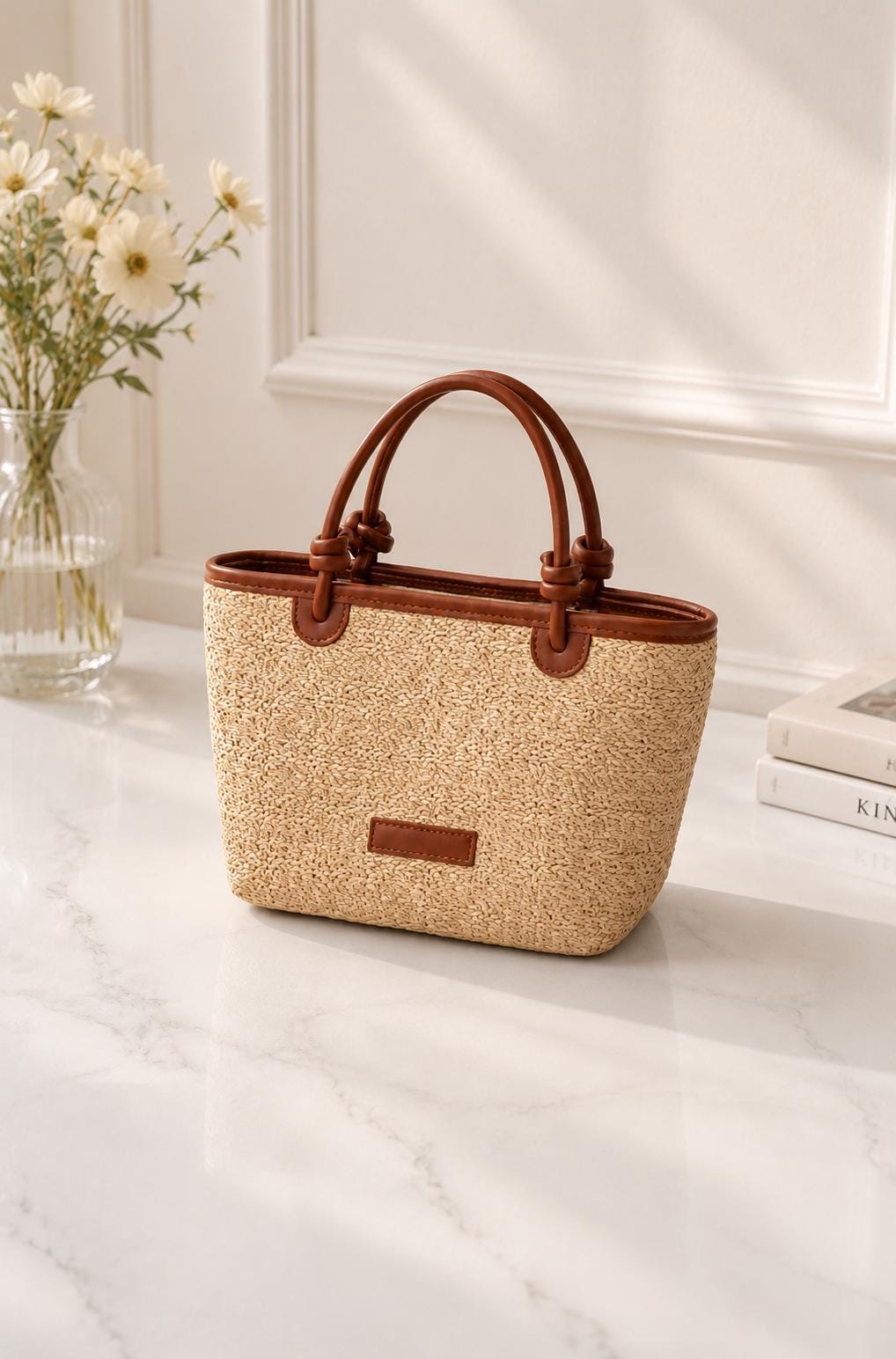 Woven Straw Tote Bag, Brown Leather Handles, Boho Summer Shoulder ...