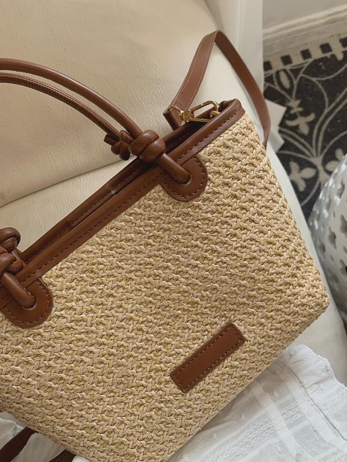 Woven Straw Tote Bag, Brown Leather Handles, Boho Summer Shoulder ...