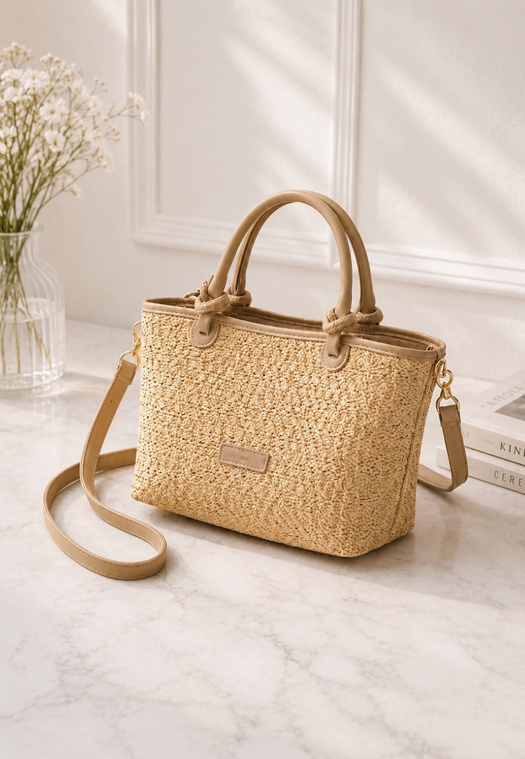Woven Straw Tote Bag, Brown Leather Handles, Boho Summer Shoulder ...