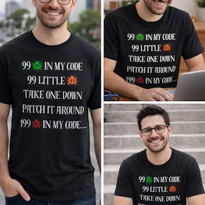 Op de afbeelding: Zwart t-shirt met de tekst "99 in my code, 99 little, take one down, patch it around, 199 in my code..." in wit, groen en oranje. Het t-shirt wordt gedragen door een persoon met een bril.