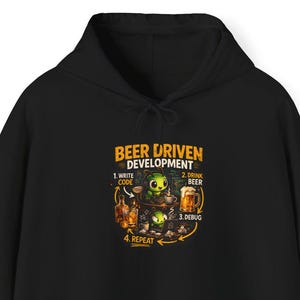 May include: Black hoodie with a front graphic that reads "Beer Driven Development." The design features a cartoon character and beer mugs. The steps are: 1. Write Code, 2. Drink Beer, 3. Debug, 4. Repeat.