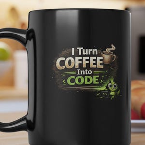 Op de afbeelding: Zwarte koffiemok met de tekst "I Turn Coffee Into Code" in wit en groen. De mok heeft een grote handgreep en een ontwerp met een koffiekopje en een groen cartoonfiguur. De mok staat op een houten oppervlak.