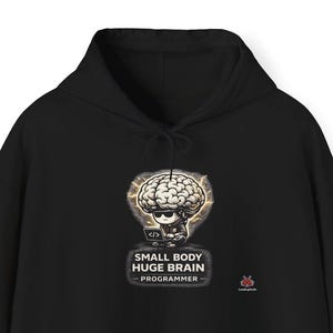 May include: Black hoodie with a front graphic of a brain-shaped design with a skull, code brackets, and the text "SMALL BODY HUGE BRAIN - PROGRAMMER". The hoodie has a kangaroo pocket and a drawstring hood.
