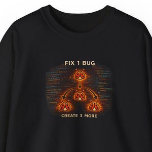 Może przedstawiać: Czarna bluza z nadrukiem graficznym. Projekt przedstawia schemat błędów z tekstem "FIX 1 BUG CREATE 3 MORE" w kolorze białym i pomarańczowym. Bluza ma okrągły dekolt.