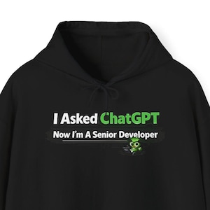 May include: Black hooded sweatshirt with a front pocket. The text "I Asked ChatGPT Now I'm A Senior Developer" is printed in white and green. A small green graphic is also included.