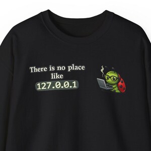 May include: Black sweatshirt featuring the phrase "There is no place like 127.0.0.1" and a cartoon ladybug wearing glasses and using a laptop. The ladybug is red, green, and black.