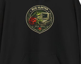 Bluza z kapturem z zabawnym programistą, bluza z humorem kodowania, prezent dla programisty, sweter dla nerda, odzież techniczna, bluza z kapturem z odznaką łowcy błędów