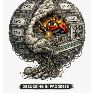 Può includere: Una stampa d'arte digitale raffigurante un cervello stilizzato composto da componenti di computer. Un personaggio coccinella rosso e nero salda all'interno del cervello. Il testo "DEBUGGING IN PROGRESS" è visualizzato sotto.