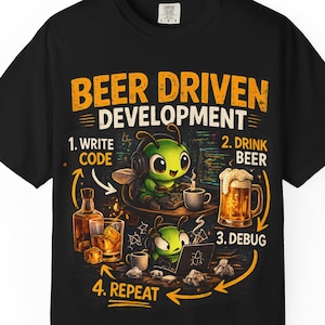 以下が含まれることがあります： 「BEER DRIVEN DEVELOPMENT」の文字と、緑色の虫のようなキャラクターのイラストが描かれた黒いTシャツ。デザインには、コードを書く、ビールを飲む、デバッグする、繰り返すという手順が含まれています。