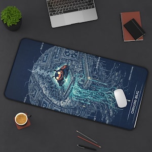 May include: A rectangular desk mat featuring a detailed illustration of a brain-like structure with computer components and the text "ORIGIN: BUG". The design includes a cartoon bug character and blue and white accents.