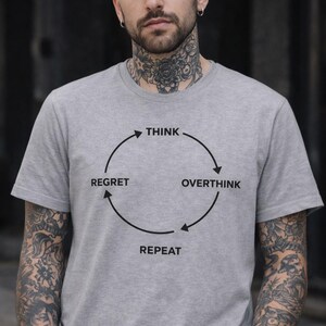Denken Sie Overthink Regret-Wiederholungs-T-Shirt | Minimal Cycle Typografie Tee