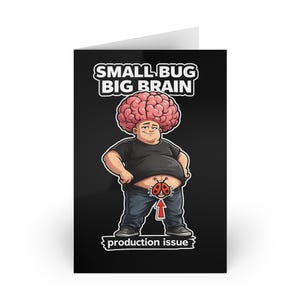 May include: A greeting card featuring a cartoon illustration of a person with a large brain and a ladybug on their stomach. The text "SMALL BUG BIG BRAIN" is at the top, and "production issue" is at the bottom.