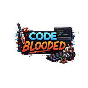 Puede incluir: Una pegatina con las palabras "CODE BLOODED" en azul y naranja, con un cuchillo ensangrentado, un portátil que muestra código, un teclado, una taza de café con símbolos de código y una mariquita.