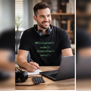 während (am Leben) Code (); drinkCoffee(); debug(); } T-Shirt | Programmierer Codierung Shirt Bild 4