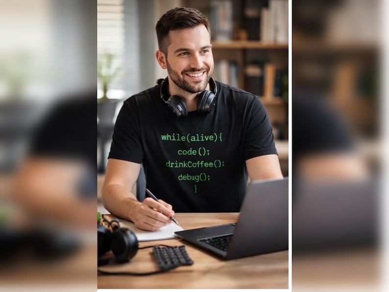während (am Leben) Code (); drinkCoffee(); debug(); } T-Shirt | Programmierer Codierung Shirt Bild 4
