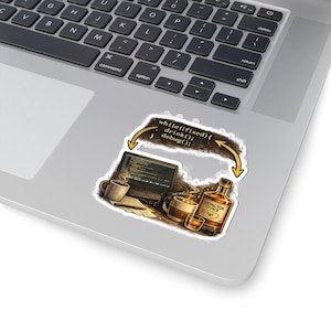 May include: A sticker featuring a laptop, coffee mugs, and a bottle labeled "Refactor Juice." The sticker includes the text "while(Ifixed) { drink(); debug(); }" and is placed on a laptop.