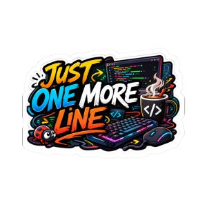 Puede incluir: Una colorida pegatina con el texto "JUST ONE MORE LINE" en amarillo, azul y naranja. El diseño incluye una pantalla de ordenador, un teclado, un ratón, una taza de café y una mariquita. Un diseño divertido para programadores.
