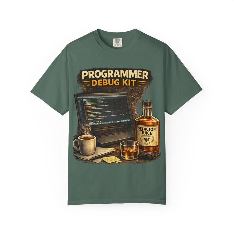 Programmer Debug Kit T-Shirt | Refactor Juice, Coffee, Laptop Coding Design image 1
